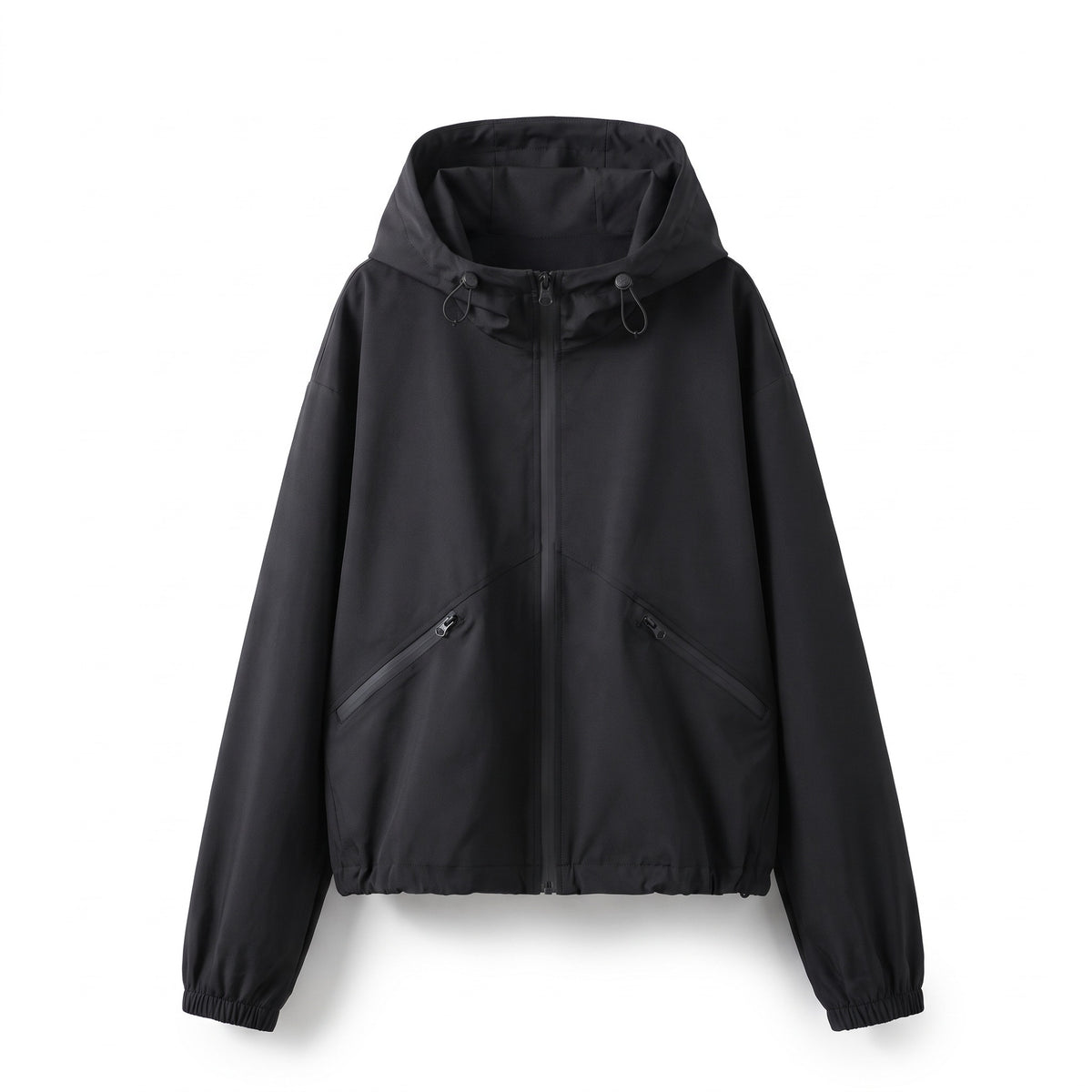 Women's Windproof Jacket Hooded Drawcord Loose Short Black, product photo 1