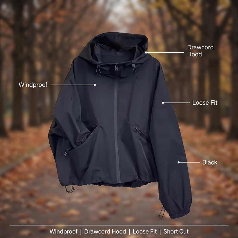 Women's Windproof Jacket Hooded Drawcord Loose Short Black, product photo 2