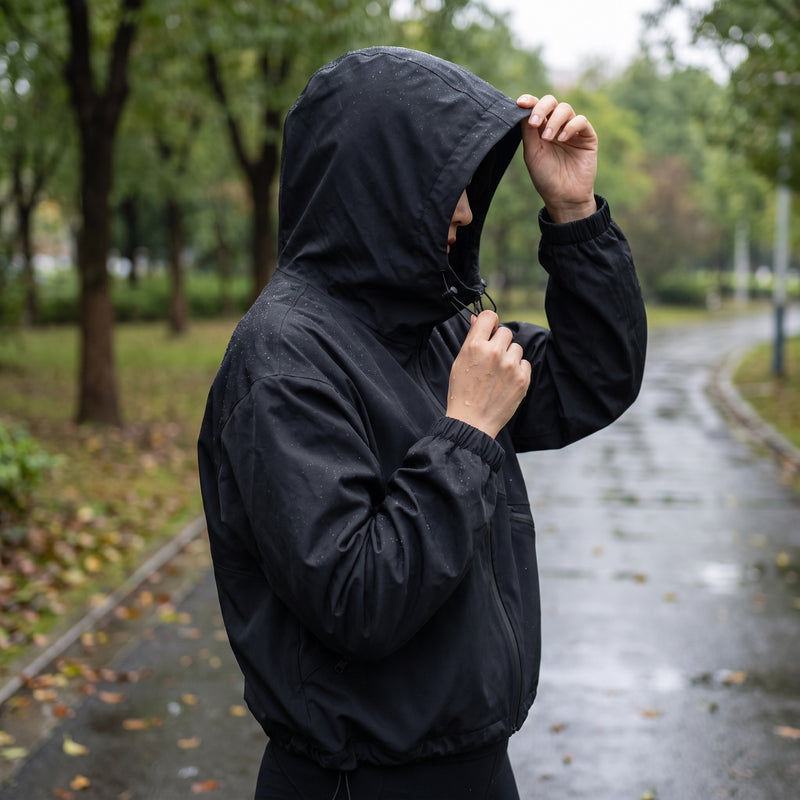 Women's Windproof Jacket Hooded Drawcord Loose Short Black, product photo 5