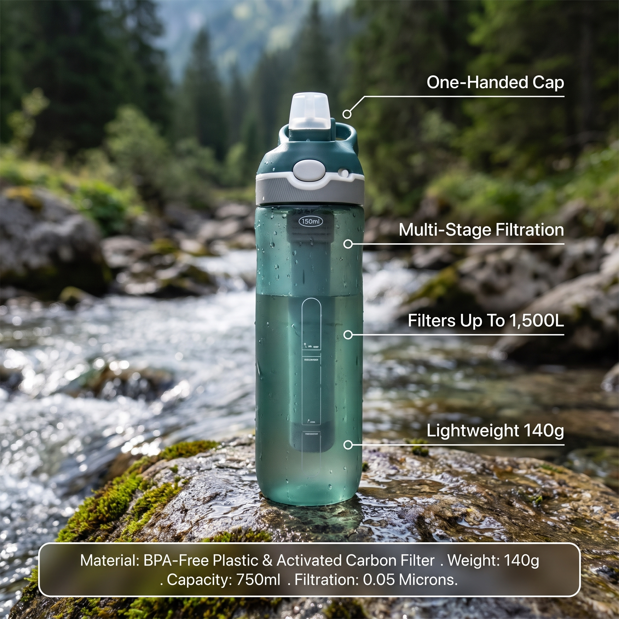 Filtering water bottle infographic - multi-stage filtration, one-handed cap, 1500L, lightweight