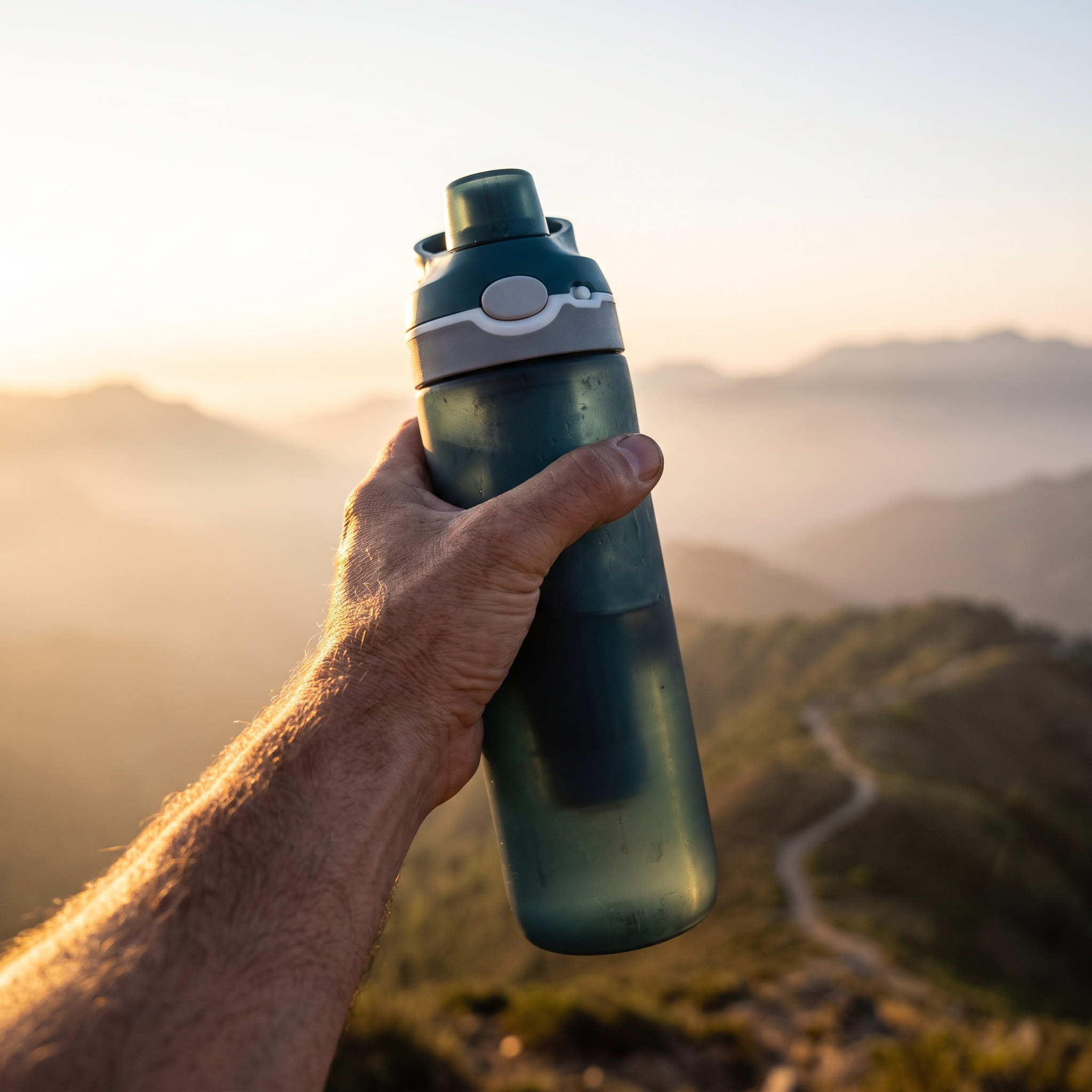 Hiker holding filtering water bottle at mountain overlook golden hour