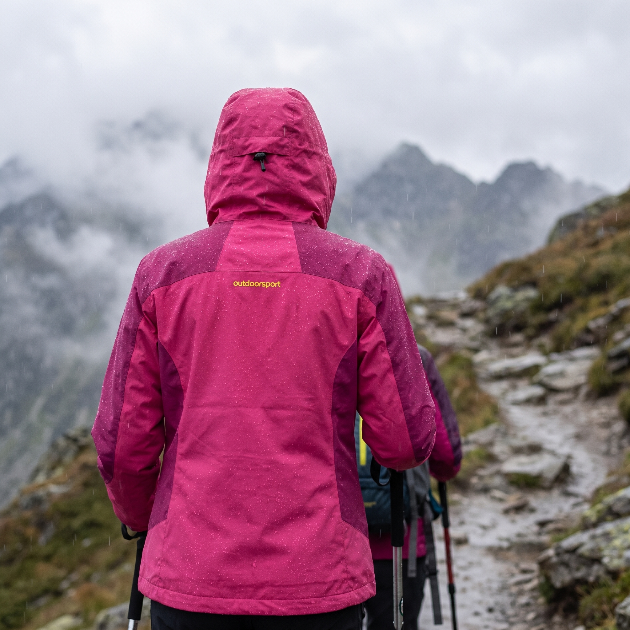 Woman wearing pink waterproof hiking jacket on misty mountain trail