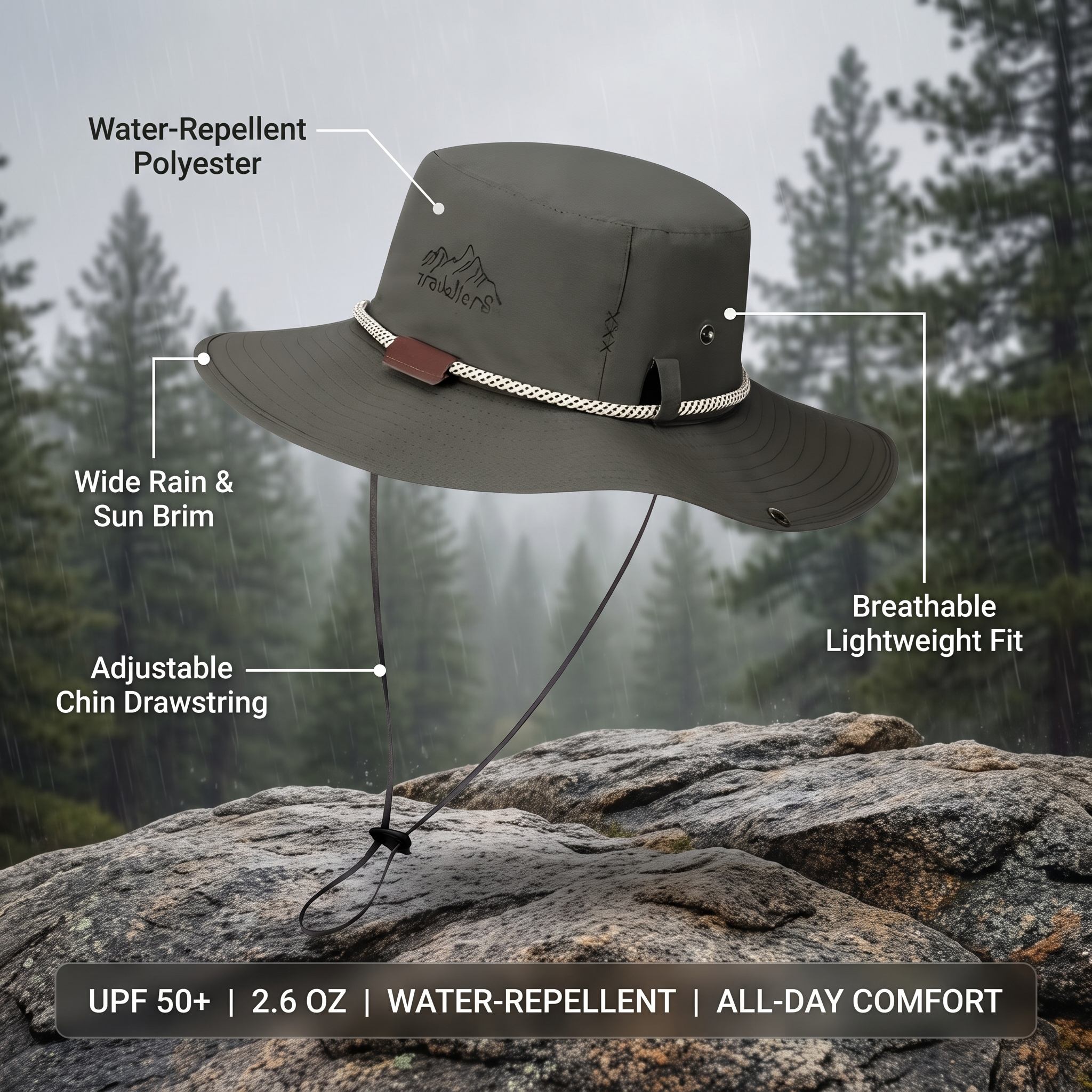 Waterproof hiking rain hat features and specs