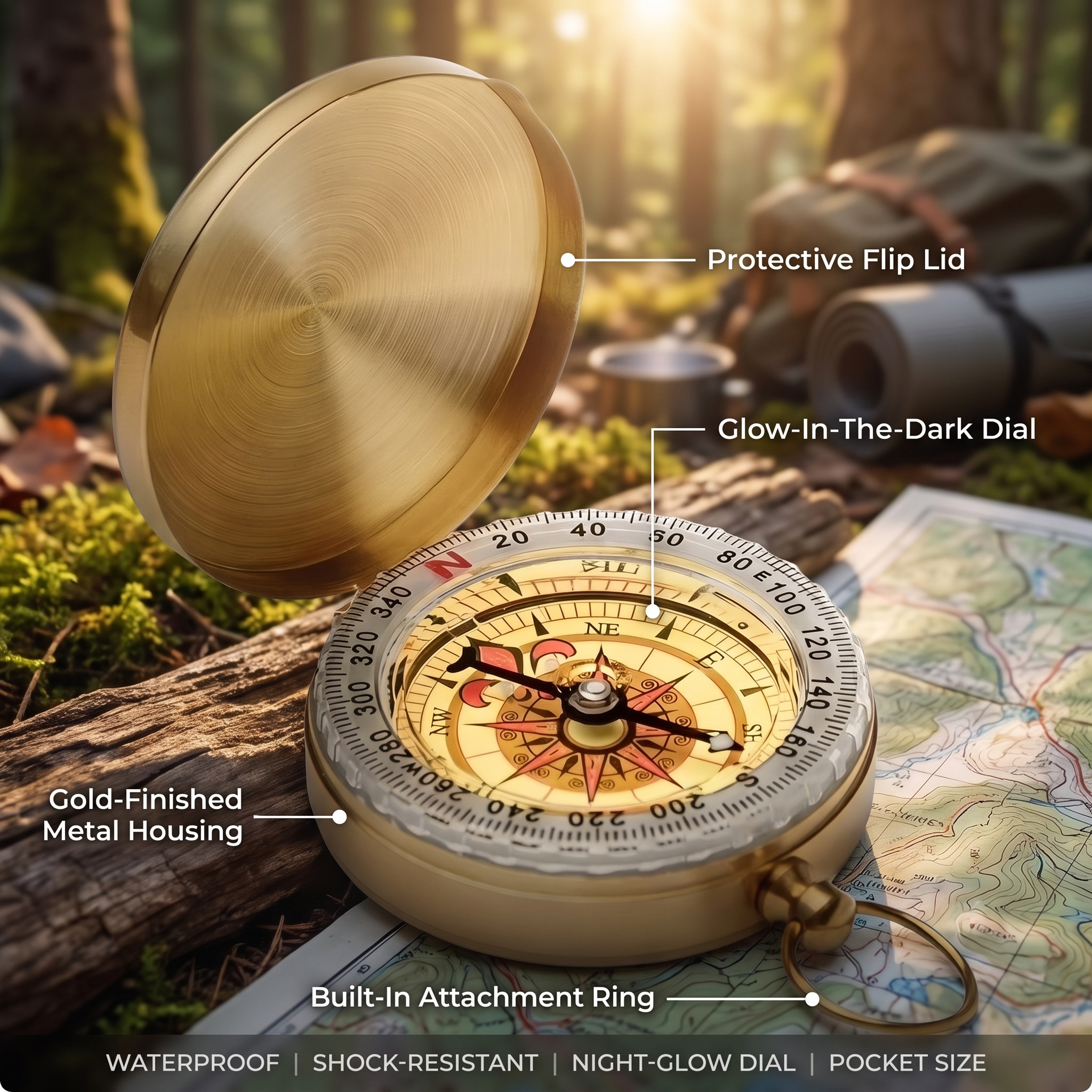 Vintage brass pocket compass features and specs