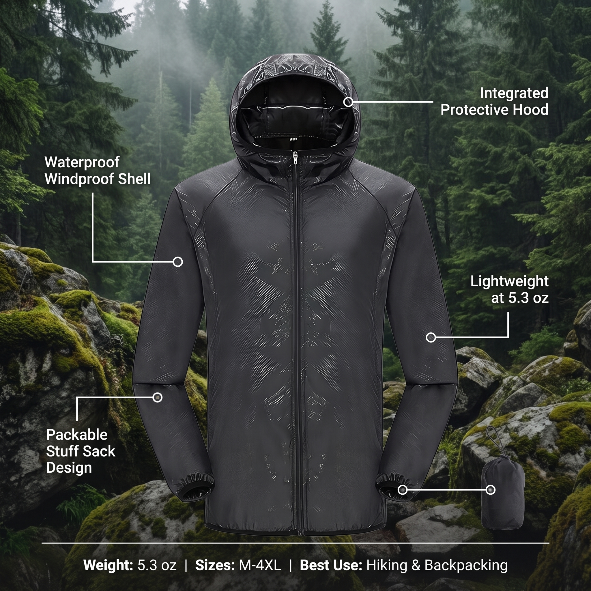 Waterproof Packable Rain Jacket Lightweight Unisex Hiking Windbreaker