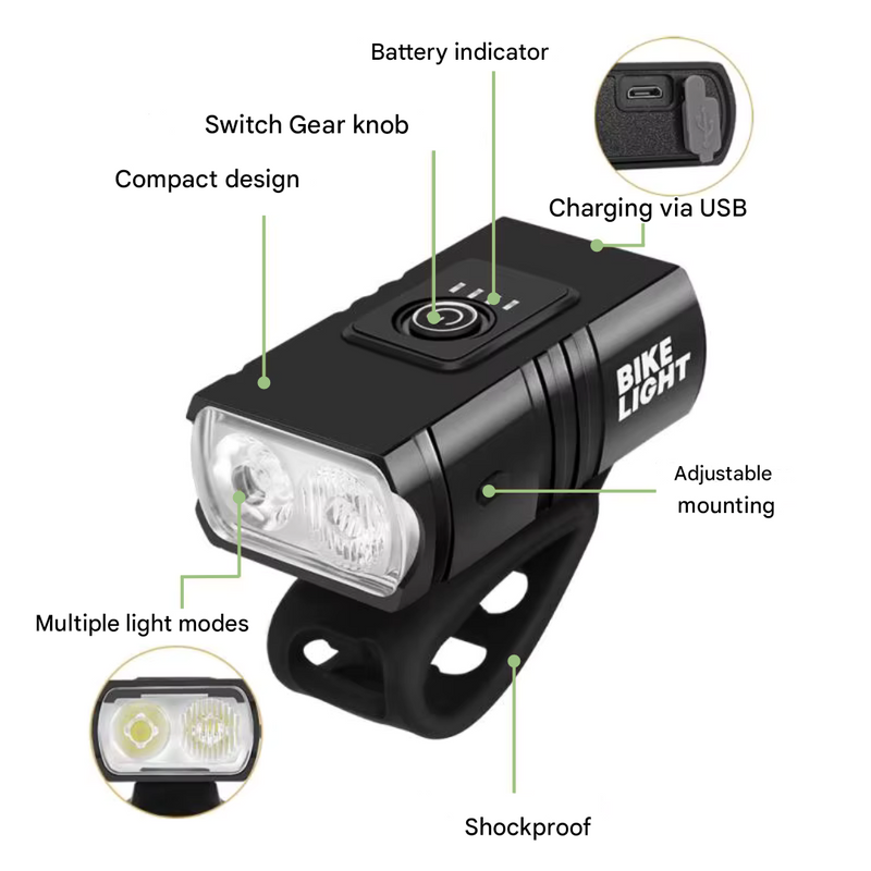 LED Bicycle Light Set USB Rechargeable 1000 Lumen Front 500 Rea