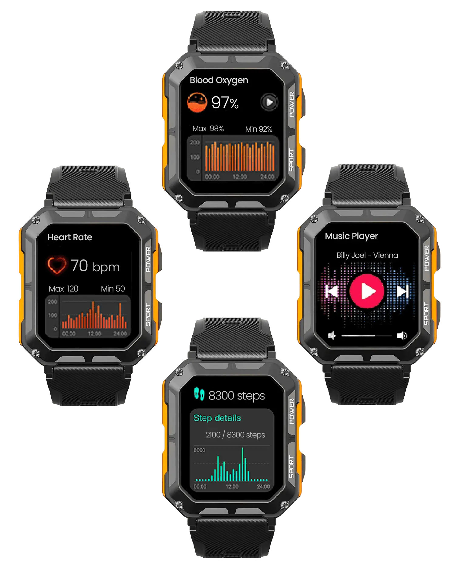 Rugged Smartwatch IP68 Waterproof Heart Rate Fitness Tracker