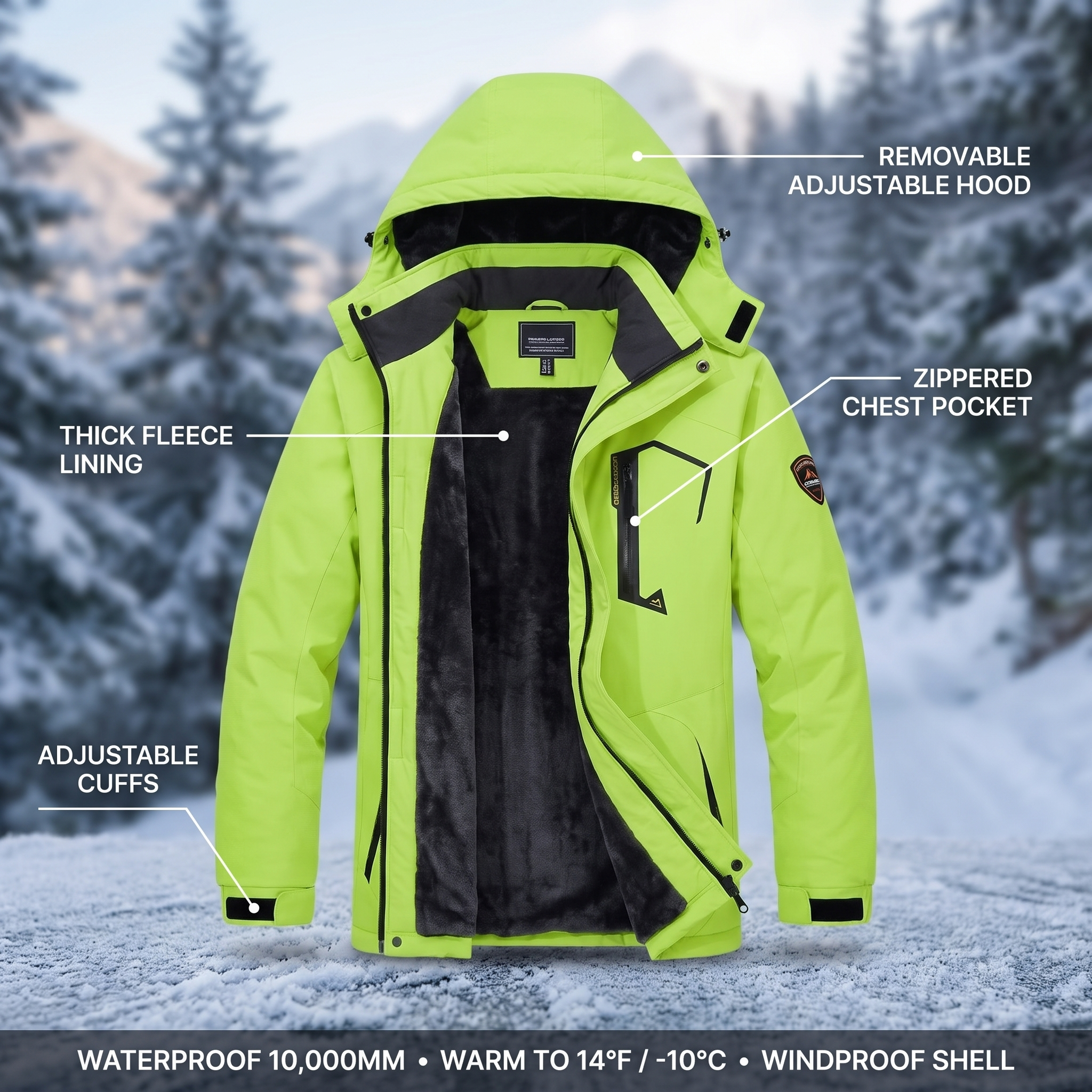 Men's winter hiking jacket specs infographic