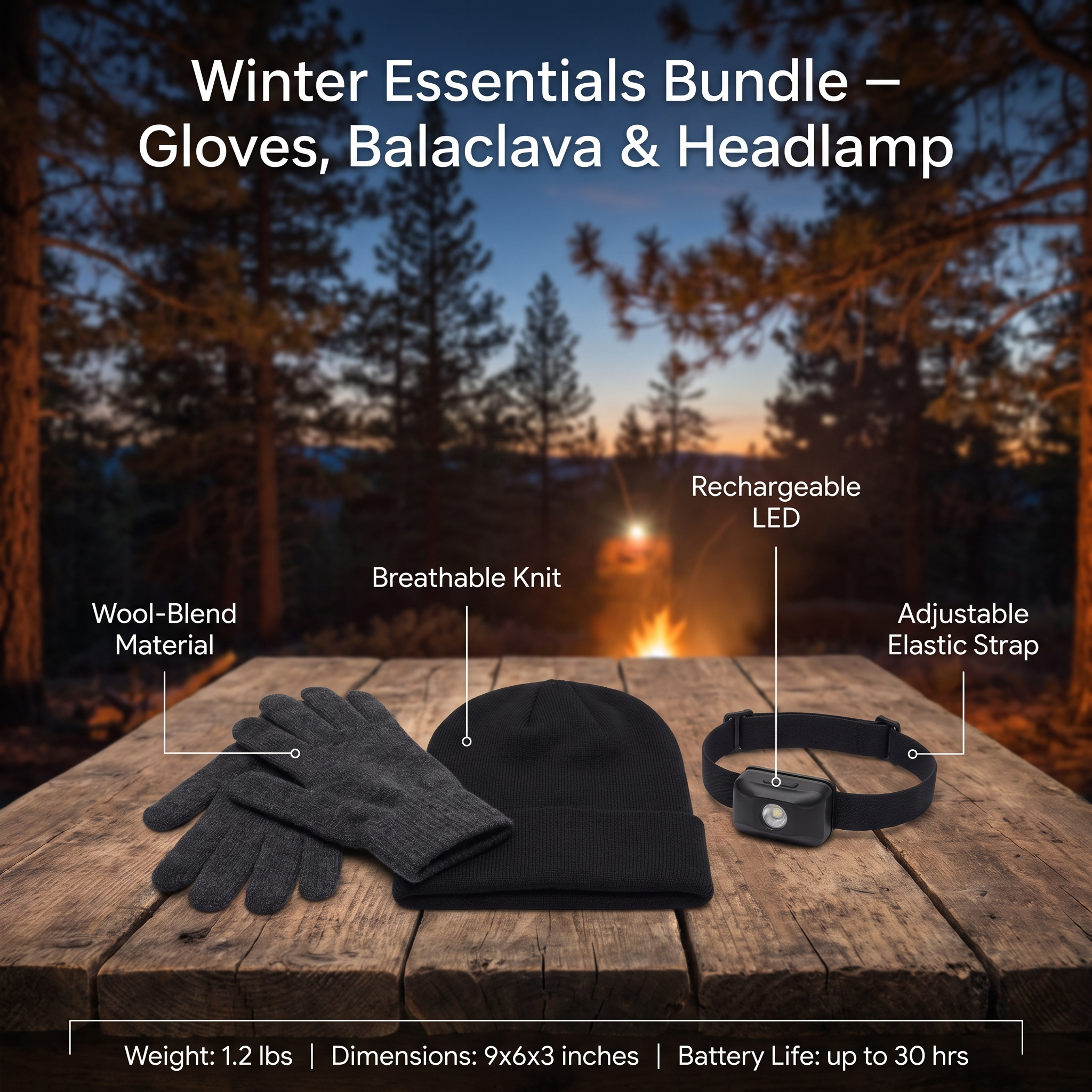 Winter Essentials Bundle – Gloves, Balaclava & Headlamp