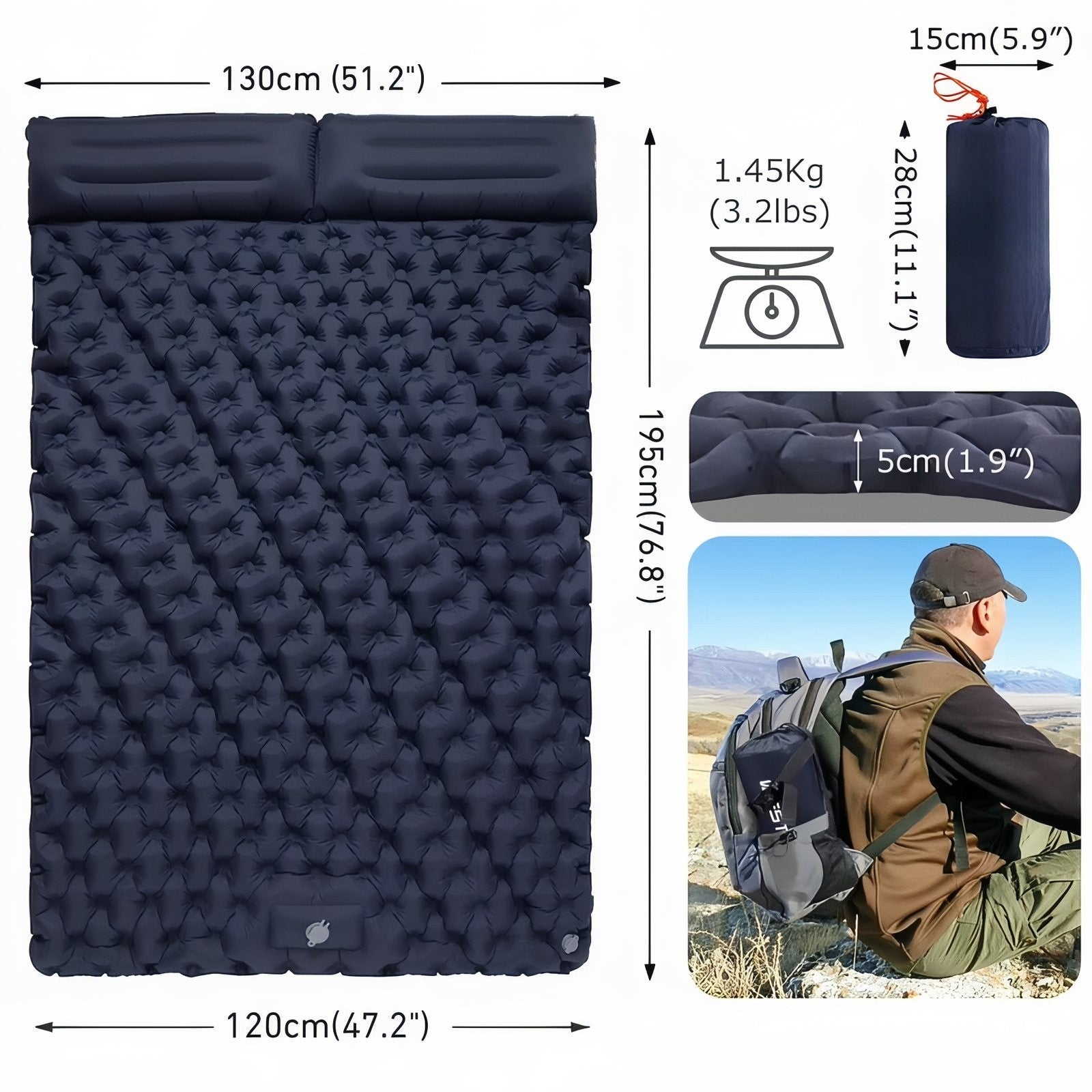 Two-Person Inflatable Sleeping Pad Camping Mat with Built-In Pillows