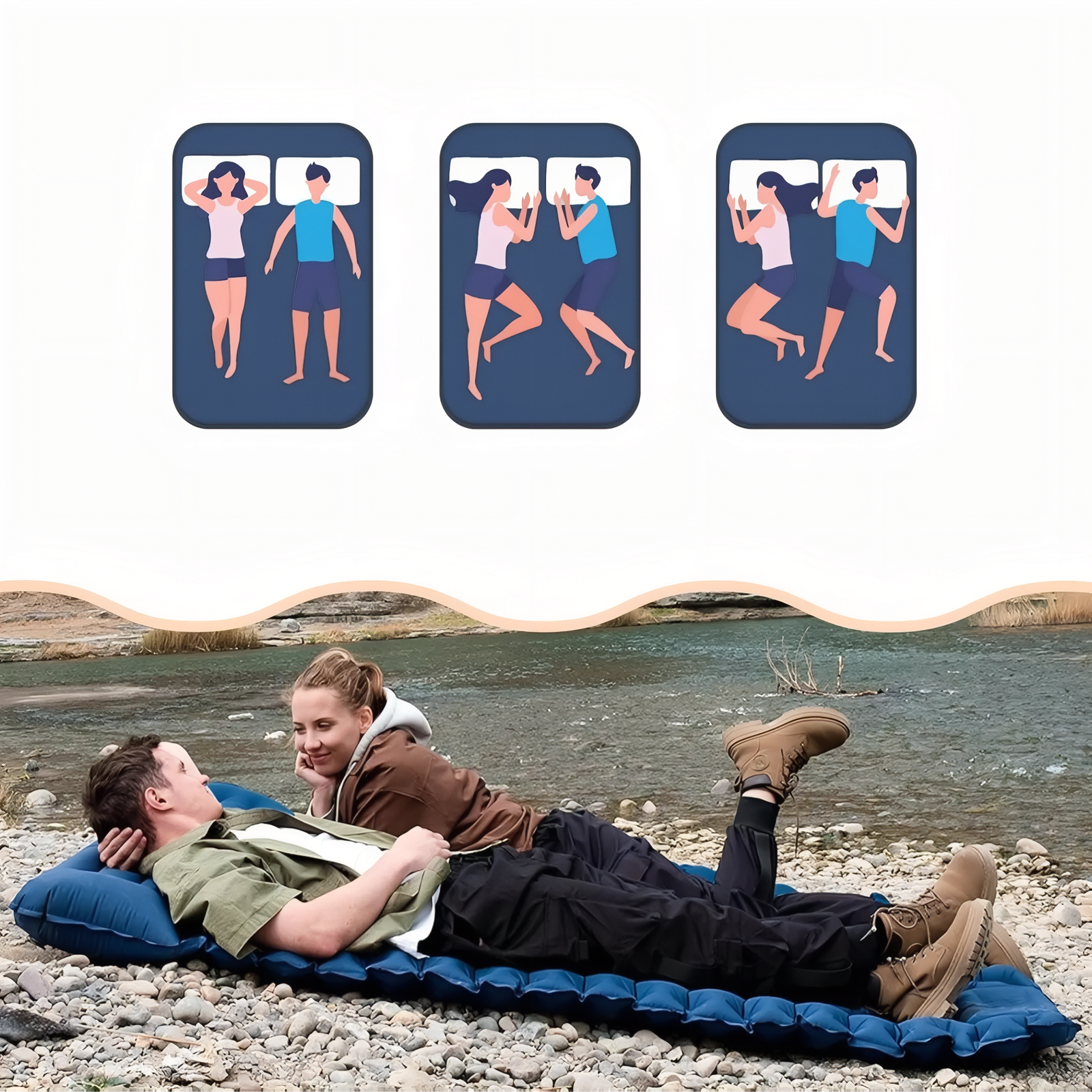 Two-Person Inflatable Sleeping Pad Camping Mat with Built-In Pillows