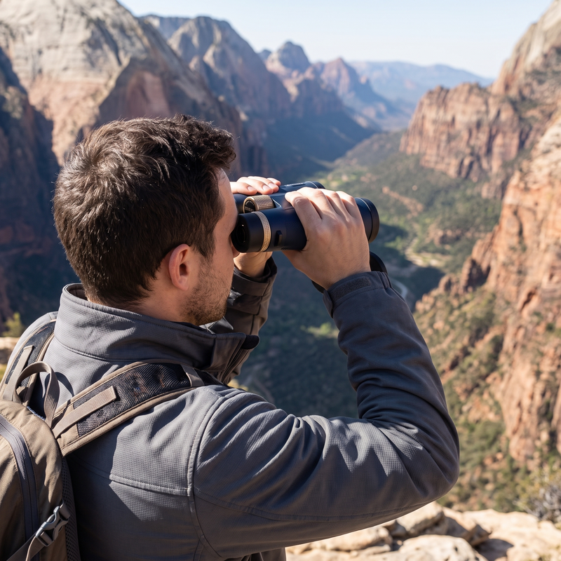 Man using binoculars at mountain overlook