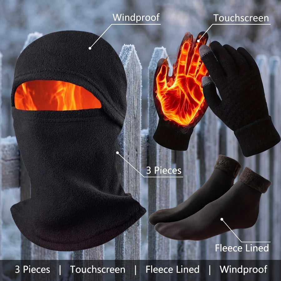 3 Piece Winter Set Touchscreen Gloves Fleece Socks Windproof Balaclava, product photo 2