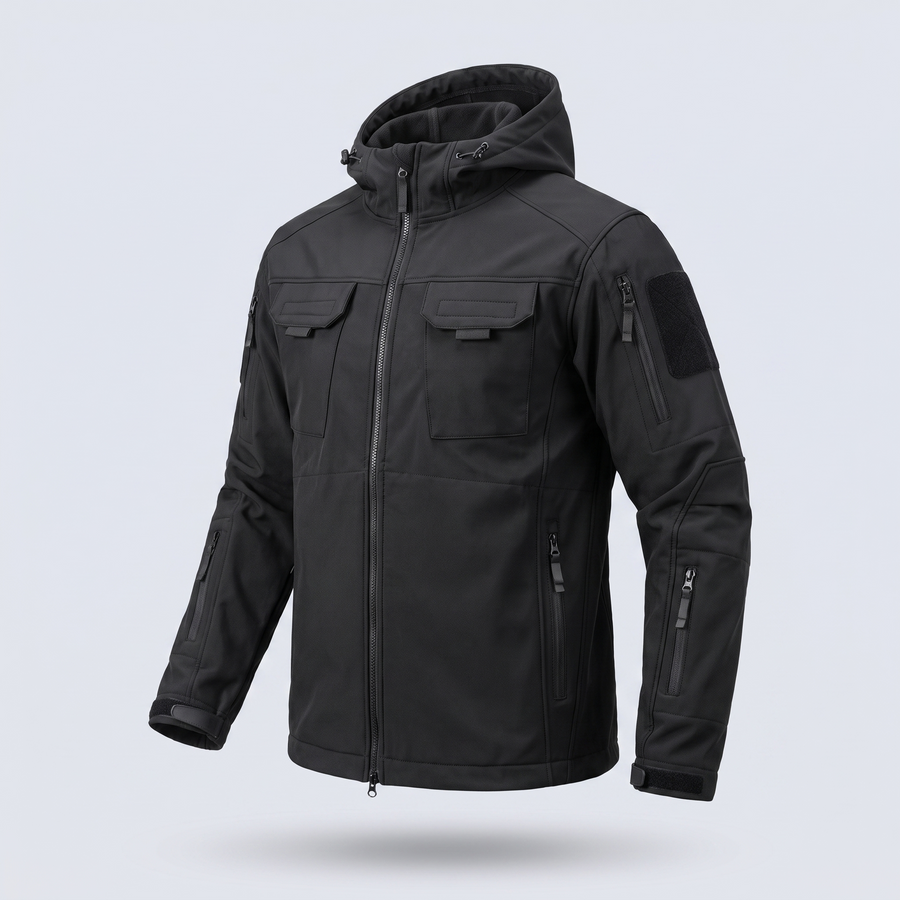 Black 5-in-1 softshell tactical jacket with attached hood and flapped chest pockets