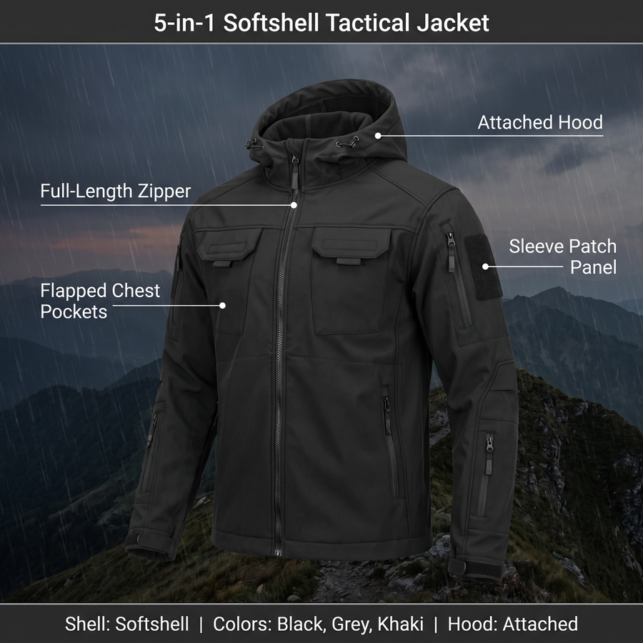 Feature overview of the 5-in-1 softshell tactical jacket: attached hood, full-length zipper, flapped chest pockets, sleeve patch panel