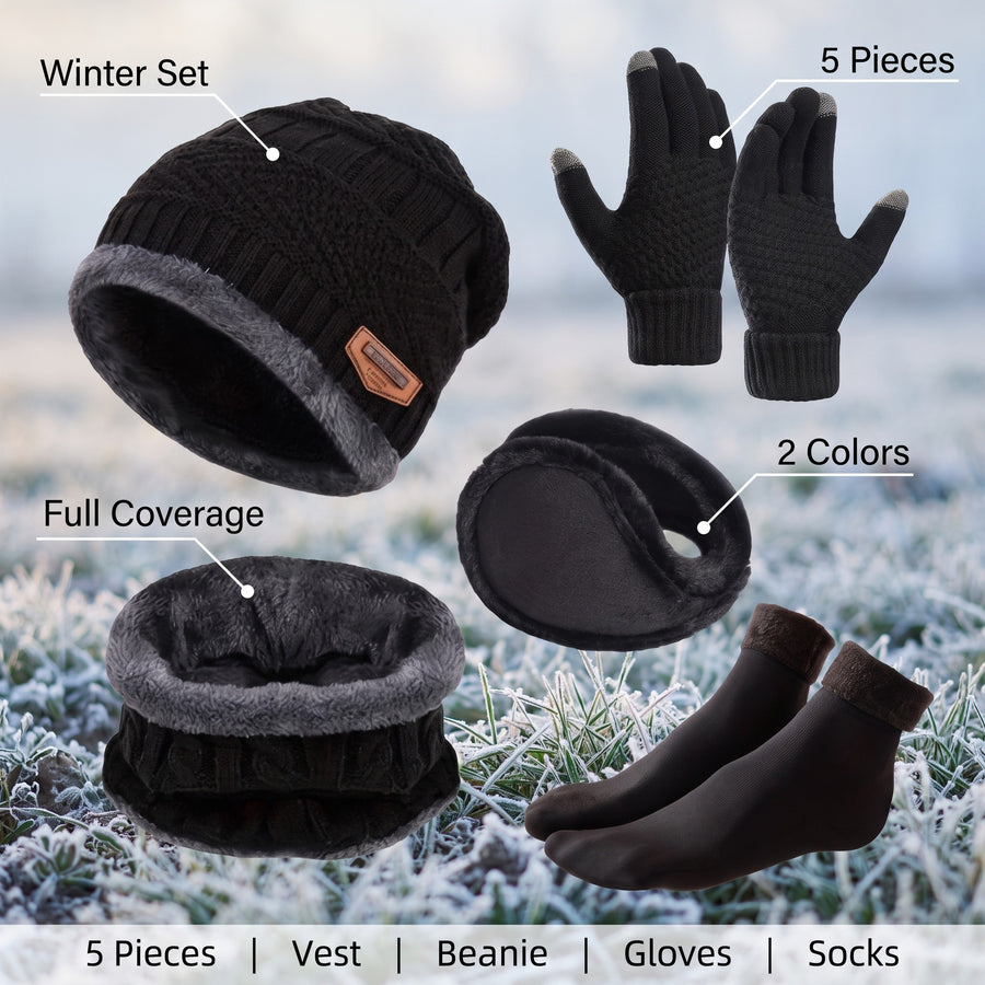 5 Piece Winter Survival Set Vest Beanie Gloves Socks Ear Warmers, product photo 2