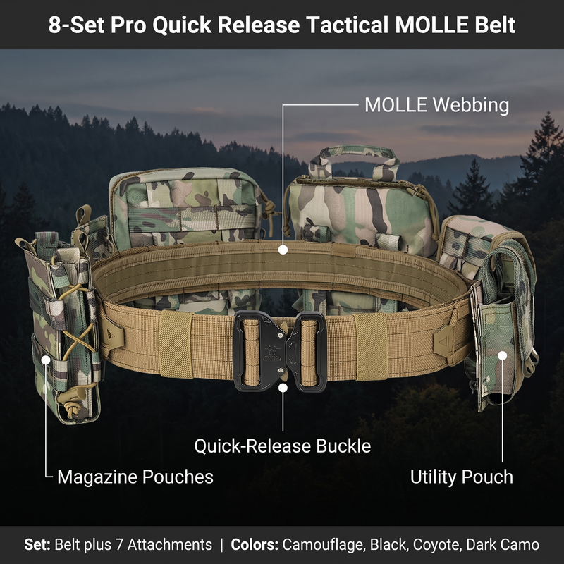 Feature overview of the tactical MOLLE belt set: quick-release buckle, MOLLE webbing, magazine pouches, utility pouch