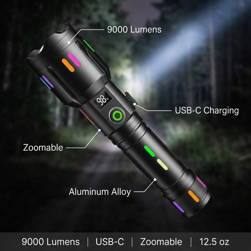 9000 Lumen LED Flashlight Rechargeable Zoomable Aluminum Torch, product photo 2