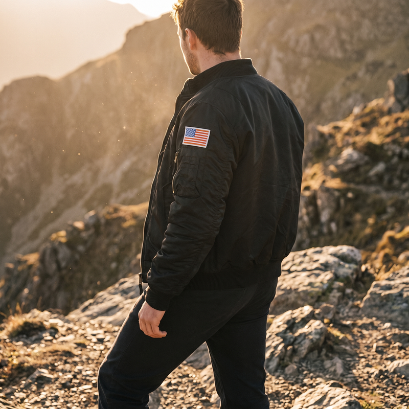 Man on a rocky ridge wearing the black MA-1 style flight jacket with US flag patch