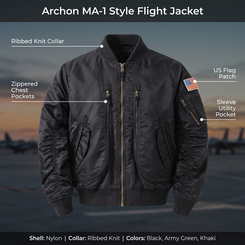 Feature overview of the MA-1 style flight jacket: ribbed knit collar, zippered chest pockets, sleeve utility pocket, US flag patch