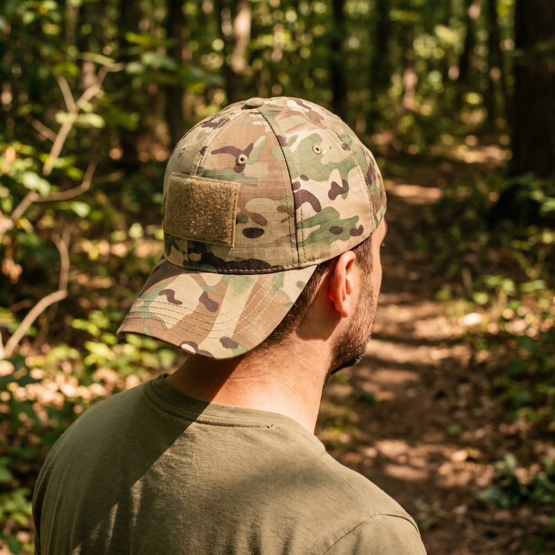 Man on a forest trail wearing the camouflage tactical cap with blank patch panel