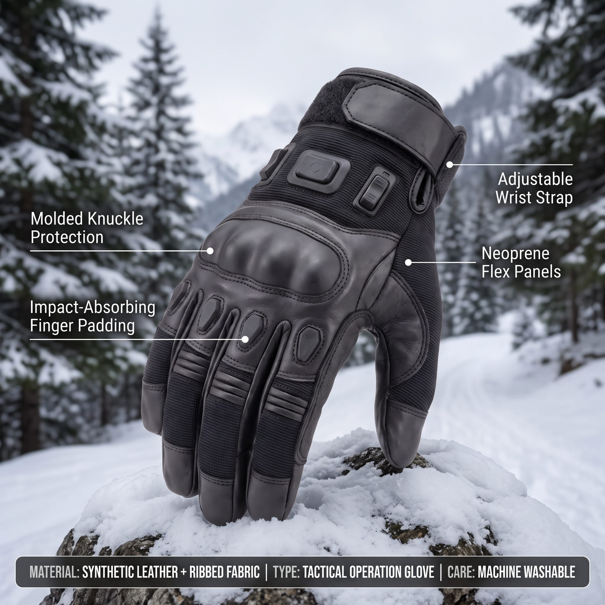 Great Lakes Outdoor Archon Prime full operation tactical glove in black, feature callouts showing molded knuckle protection, impact-absorbing finger padding, neoprene flex panels and adjustable wrist strap, on a snowy mountain trail