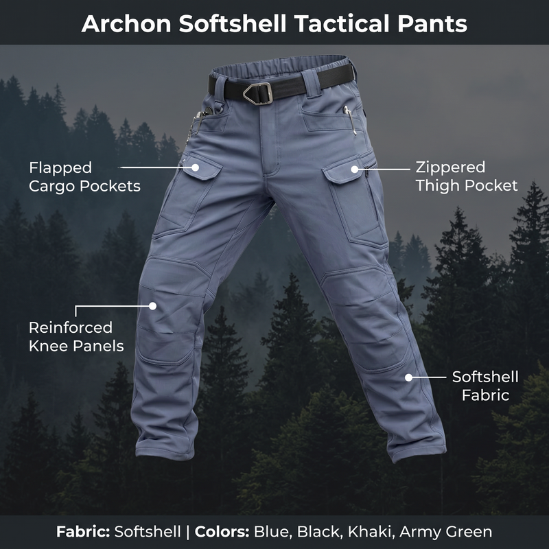 Feature overview of the softshell tactical pants: flapped cargo pockets, zippered thigh pocket, reinforced knee panels