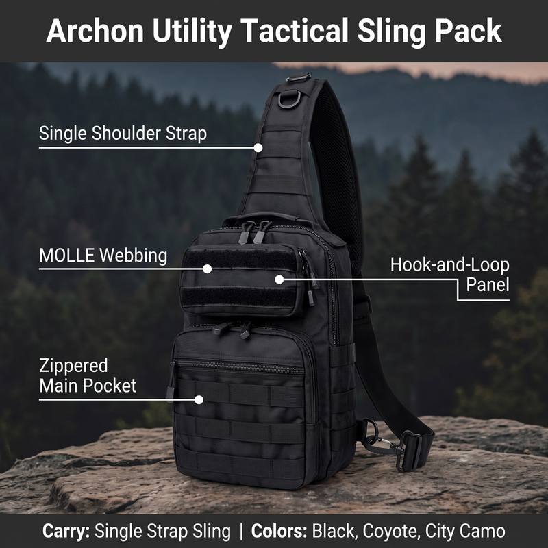 Feature overview of the tactical sling pack: single shoulder strap, MOLLE webbing, zippered main pocket, hook-and-loop panel