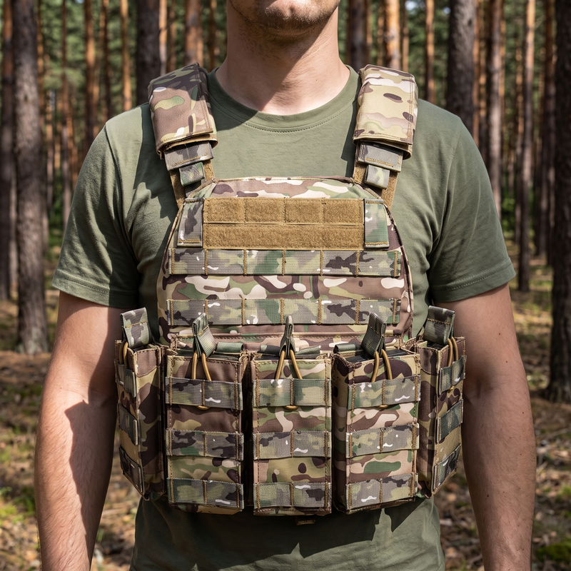 Camouflage plate carrier with magazine pouches worn over an olive t-shirt in a forest