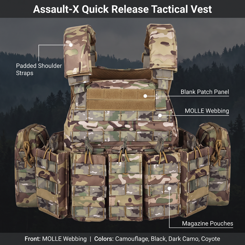 Feature overview of the Assault-X tactical vest: padded shoulder straps, blank patch panel, MOLLE webbing, magazine pouches