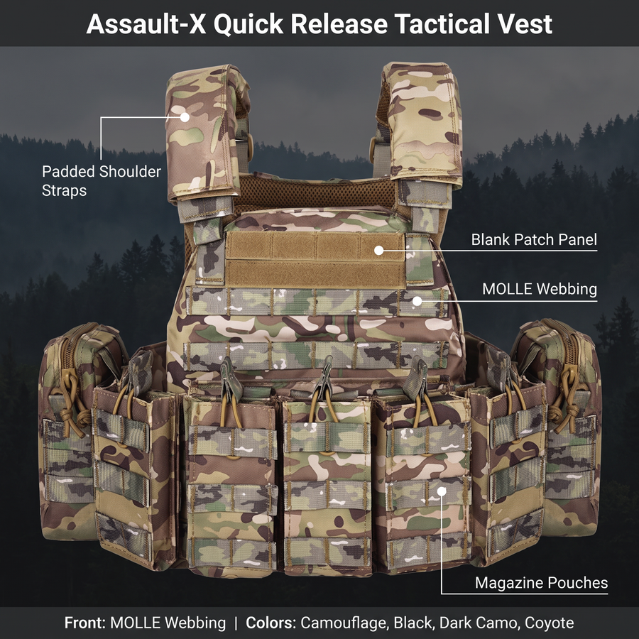 Feature overview of the Assault-X tactical vest: padded shoulder straps, blank patch panel, MOLLE webbing, magazine pouches