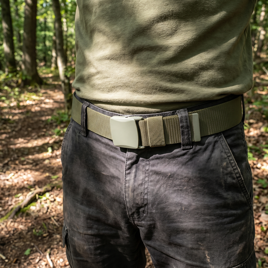 Army green nylon duty belt with flat slide buckle worn on the waist