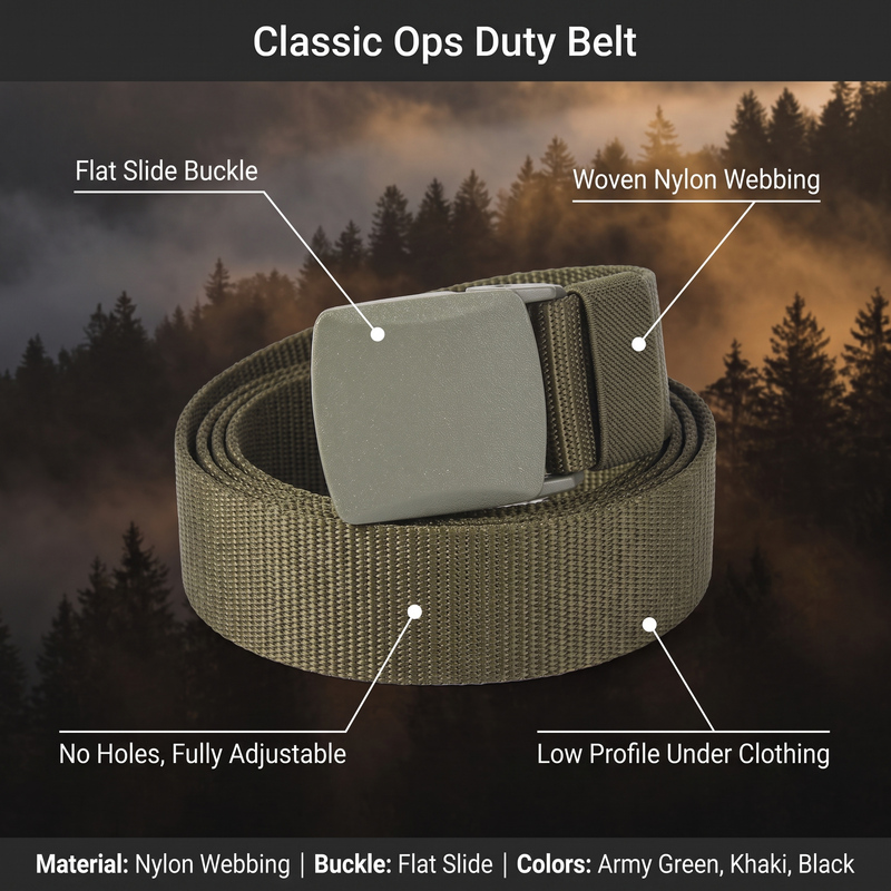 Feature overview of the Classic Ops duty belt: flat slide buckle, woven nylon webbing, no holes, low profile