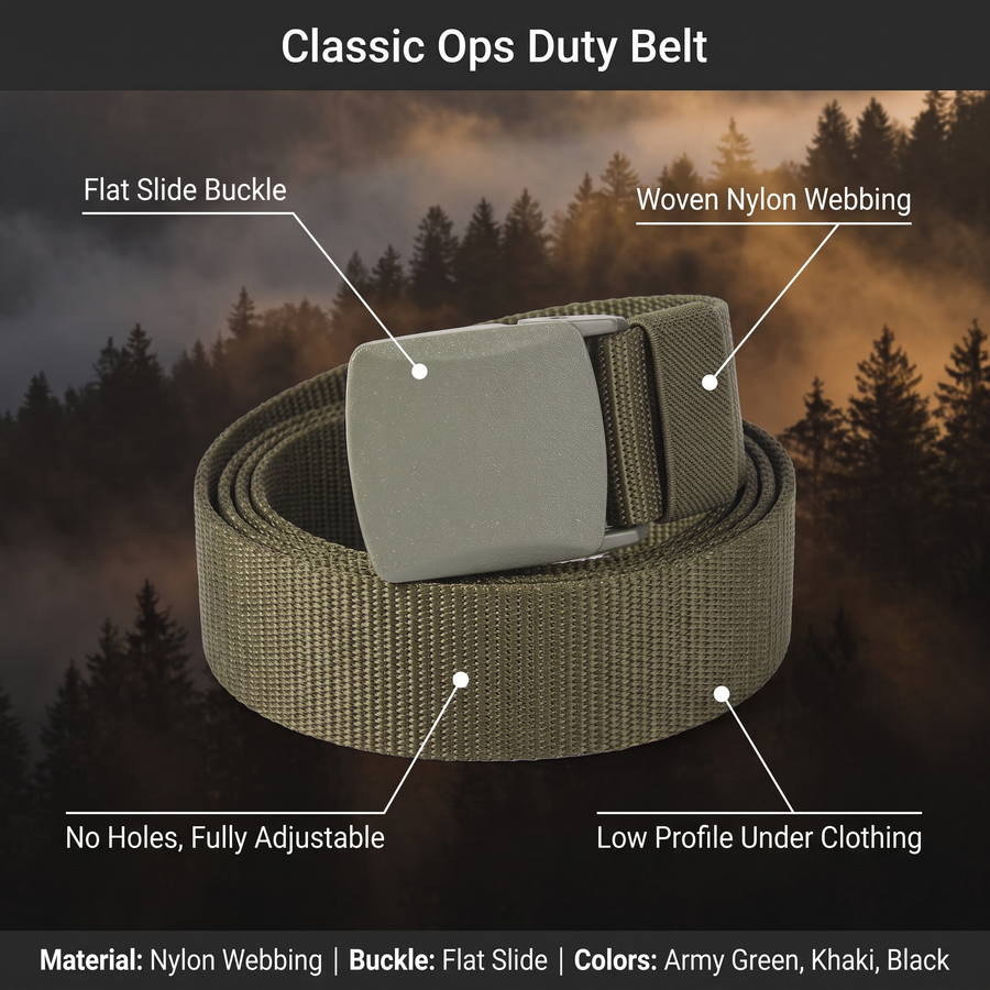 Feature overview of the Classic Ops duty belt: flat slide buckle, woven nylon webbing, no holes, low profile