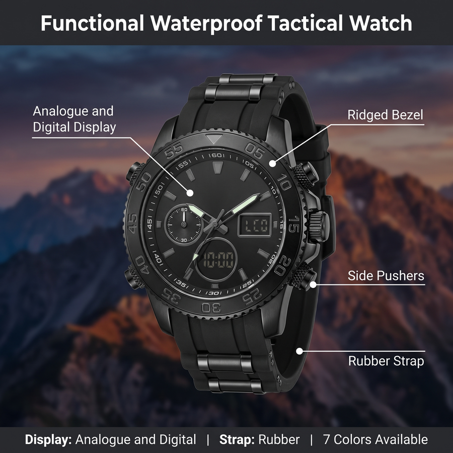 Feature overview of the functional waterproof tactical watch: analogue and digital display, ridged bezel, side pushers, rubber strap