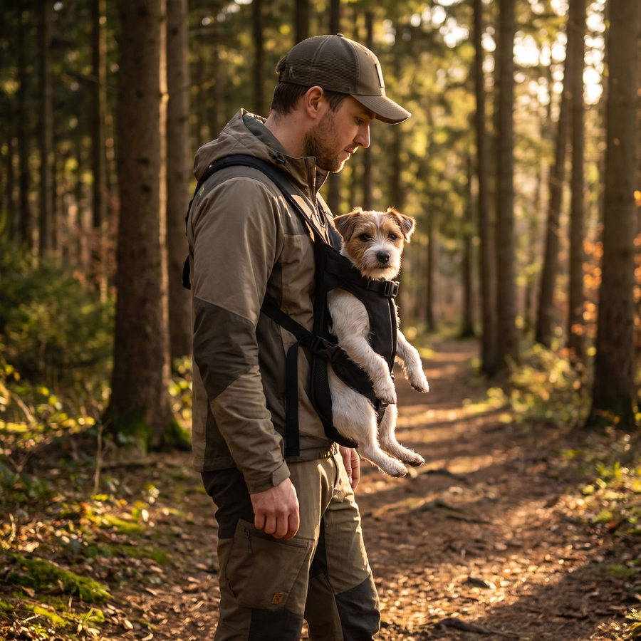 Man hiking with dog in front-facing carrier
