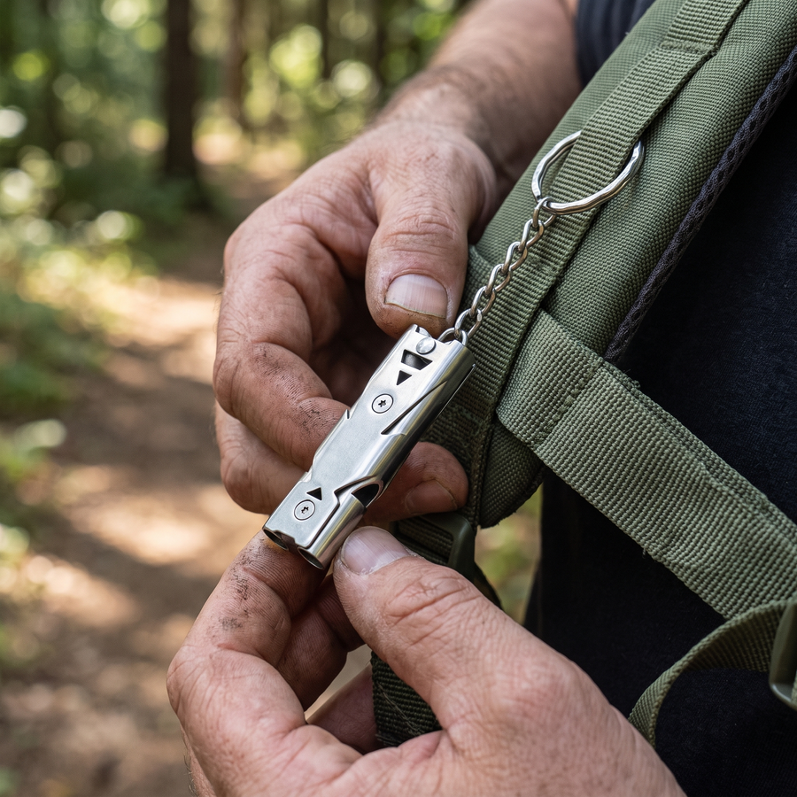 Hiker attaching the survival whistle to a backpack strap