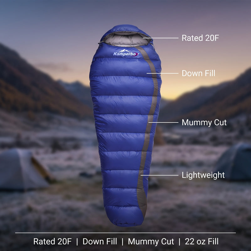 Down Sleeping Bag Rated 20F Lightweight Mummy Nylon Shell, product photo 2