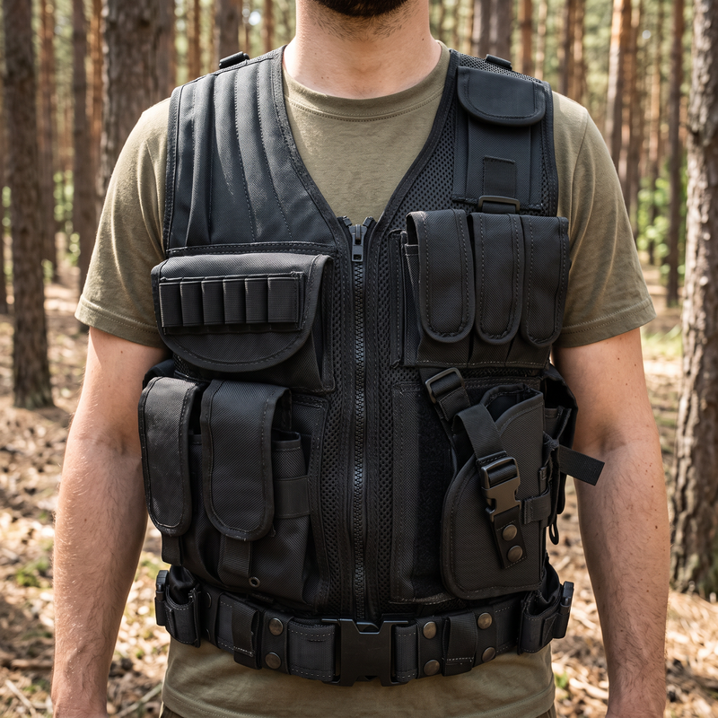 Black tactical scenario vest with empty pouches worn in a forest