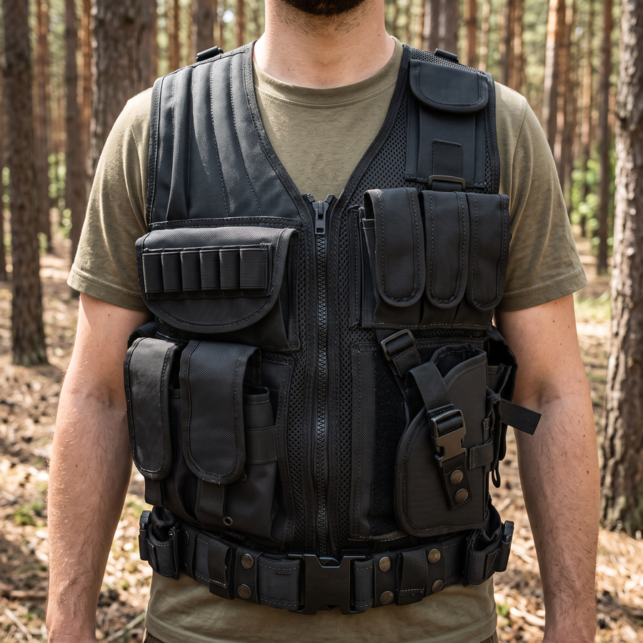 Black tactical scenario vest with empty pouches worn in a forest