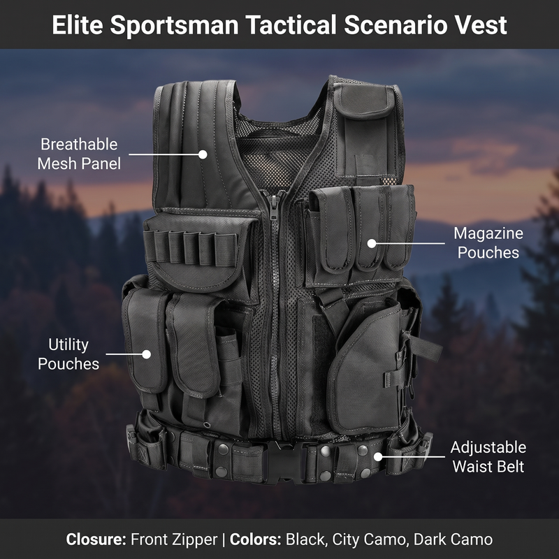 Feature overview of the Elite Sportsman scenario vest: mesh panel, magazine pouches, utility pouches, adjustable waist belt