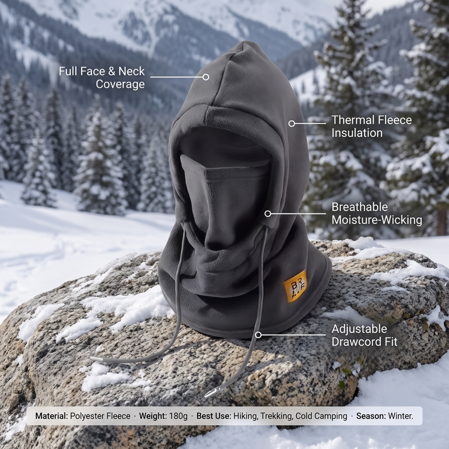 Fleece balaclava infographic - full face coverage, thermal insulation, breathable, adjustable