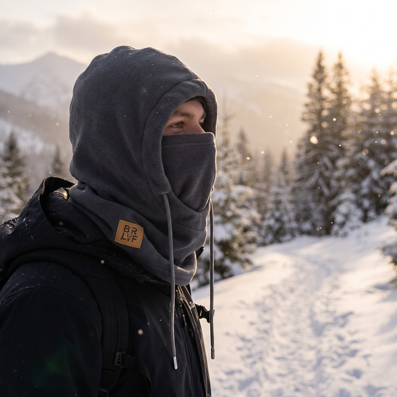 Hiker wearing fleece balaclava on snowy mountain trail golden hour