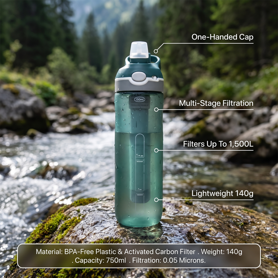 Filtering water bottle infographic - multi-stage filtration, one-handed cap, 1500L, lightweight