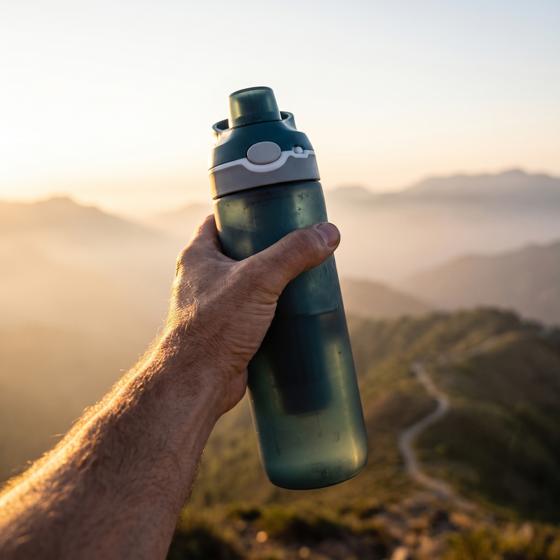 Hiker holding filtering water bottle at mountain overlook golden hour