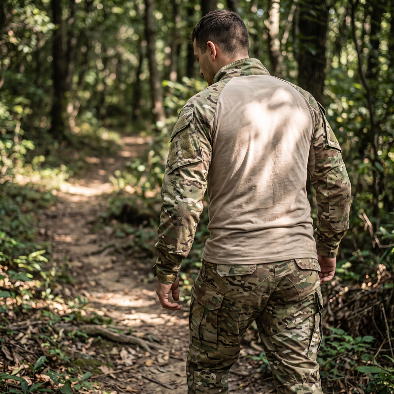 Man on a forest trail wearing the G3 Pro combat suit with tan torso and camouflage sleeves