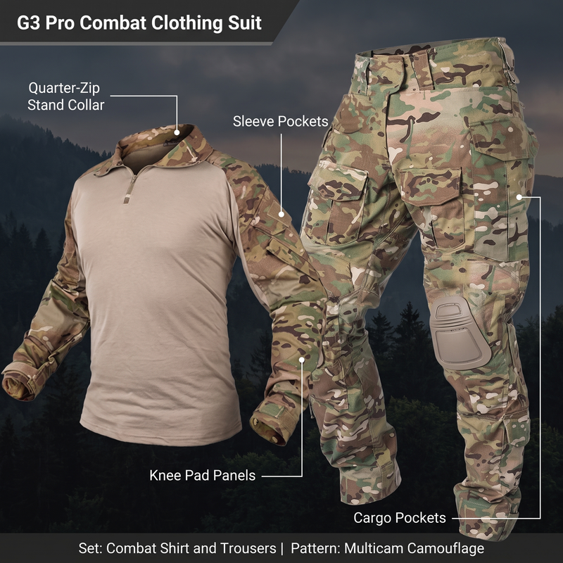 Feature overview of the G3 Pro combat suit: quarter-zip stand collar, sleeve pockets, knee pad panels, cargo pockets