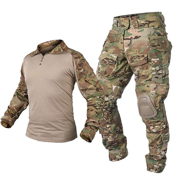 Men's Combat Uniform Set Tactical Camo Shirt and Pants with Knee Pads