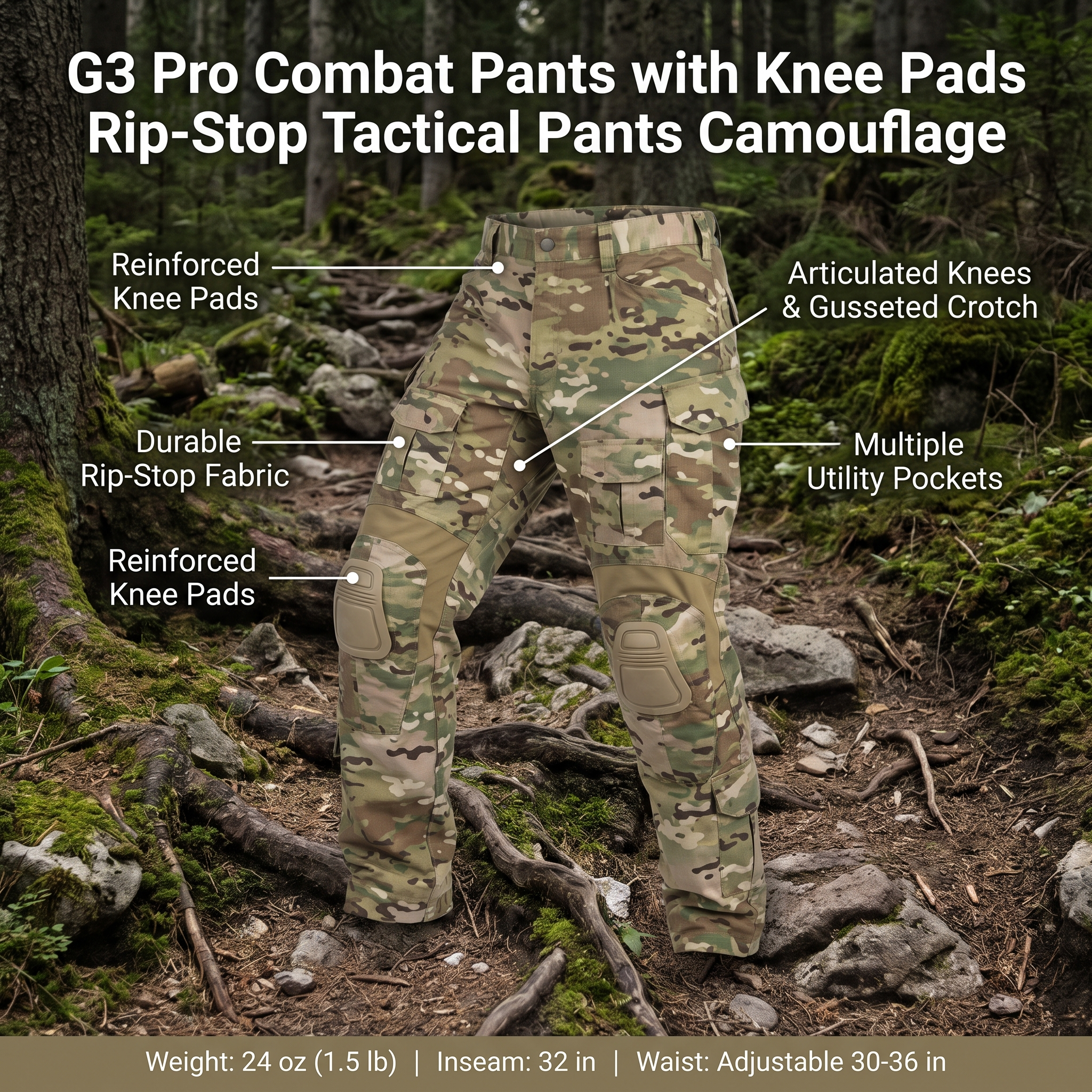 G3 Pro Combat Pants with Knee Pads Rip-Stop Tactical Pants Camouflage – product view 3 | Great Lakes Outdoor