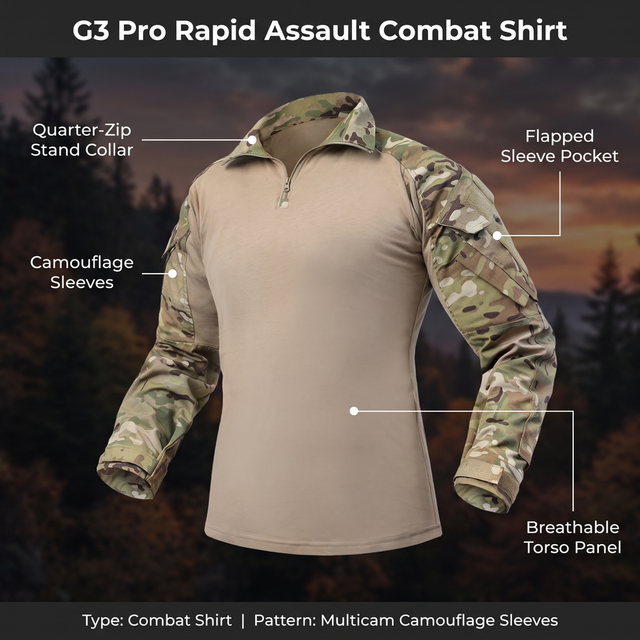 Feature overview of the G3 Pro combat shirt: quarter-zip stand collar, camouflage sleeves, flapped sleeve pocket, breathable torso panel